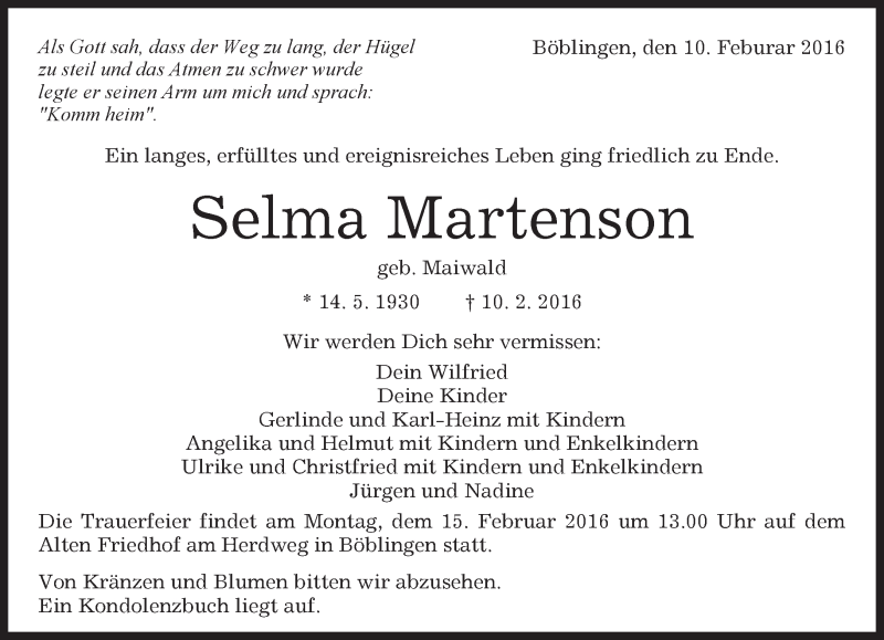  Traueranzeige für Selma Martenson vom 12.02.2016 aus Kreiszeitung Böblinger Bote