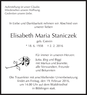 Traueranzeige von Elisabeth Maria Staniczek von Kreiszeitung Böblinger Bote