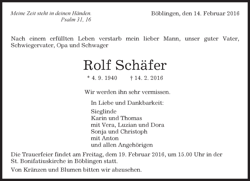  Traueranzeige für Rolf Schäfer vom 16.02.2016 aus Kreiszeitung Böblinger Bote