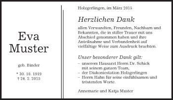 Traueranzeige von Eva Muster von Kreiszeitung Böblinger Bote