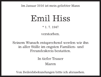 Traueranzeige von Emil Hiss von Kreiszeitung Böblinger Bote