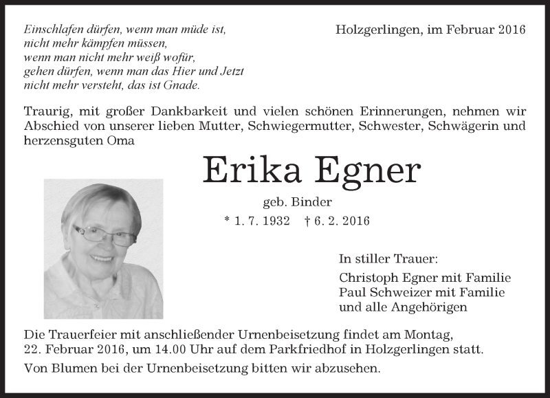  Traueranzeige für Erika Egner vom 19.02.2016 aus Kreiszeitung Böblinger Bote