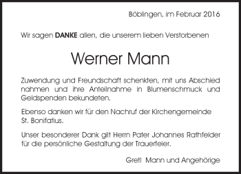 Traueranzeige von Werner Mann von Kreiszeitung Böblinger Bote