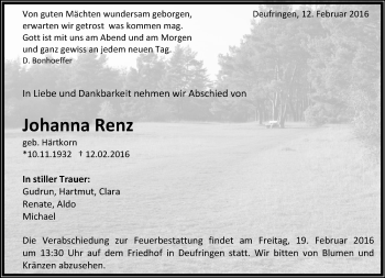 Traueranzeige von Johanna Renz von Kreiszeitung Böblinger Bote