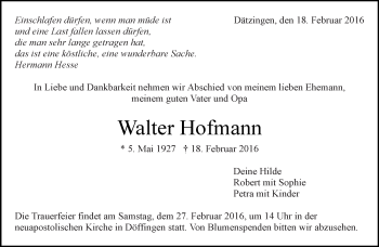 Traueranzeige von Walter Hofmann von Kreiszeitung Böblinger Bote
