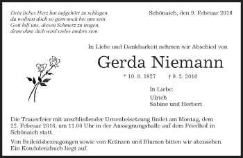 Traueranzeige von Gerda Niemann von Kreiszeitung Böblinger Bote