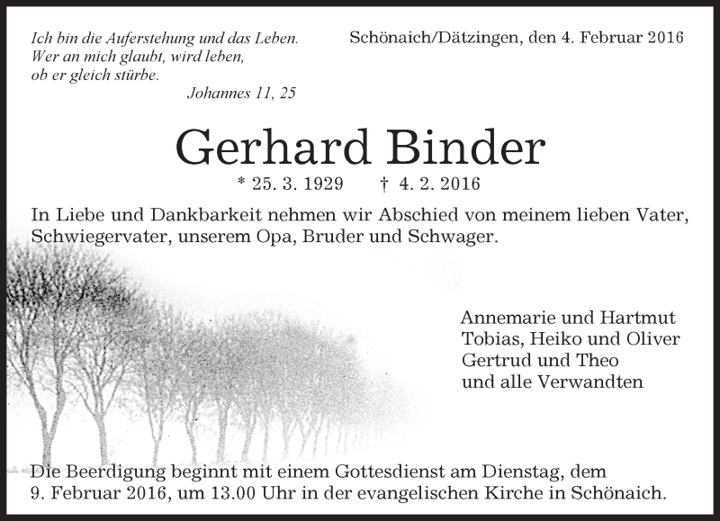  Traueranzeige für Gerhard Binder vom 06.02.2016 aus Kreiszeitung Böblinger Bote