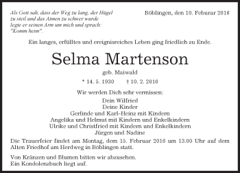 Traueranzeige von Selma Martenson von Kreiszeitung Böblinger Bote