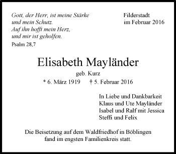 Traueranzeige von Elisabeth Mayländer von Kreiszeitung Böblinger Bote