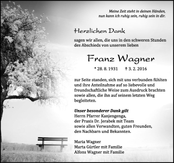 Traueranzeige von Franz Wagner von Kreiszeitung Böblinger Bote