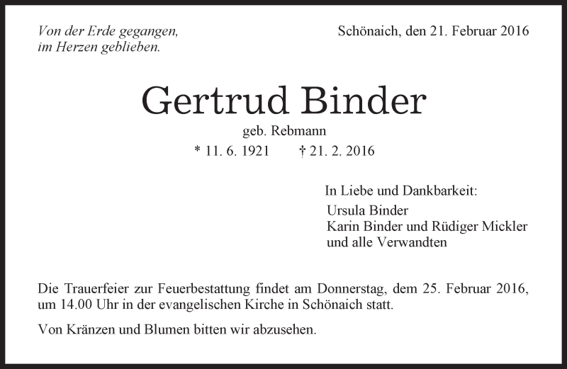  Traueranzeige für Gertrud Binder vom 23.02.2016 aus Kreiszeitung Böblinger Bote