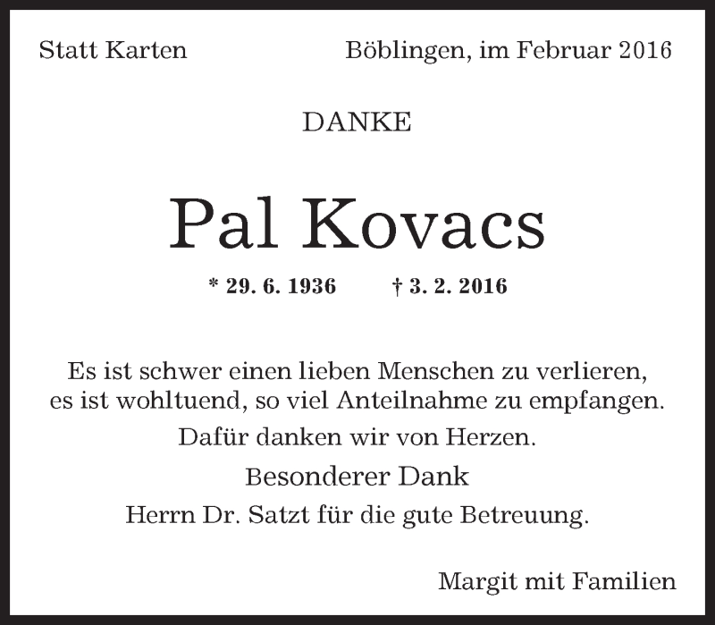  Traueranzeige für Pal Kovacs vom 18.02.2016 aus Kreiszeitung Böblinger Bote