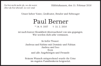 Traueranzeige von Paul Berner von Kreiszeitung Böblinger Bote