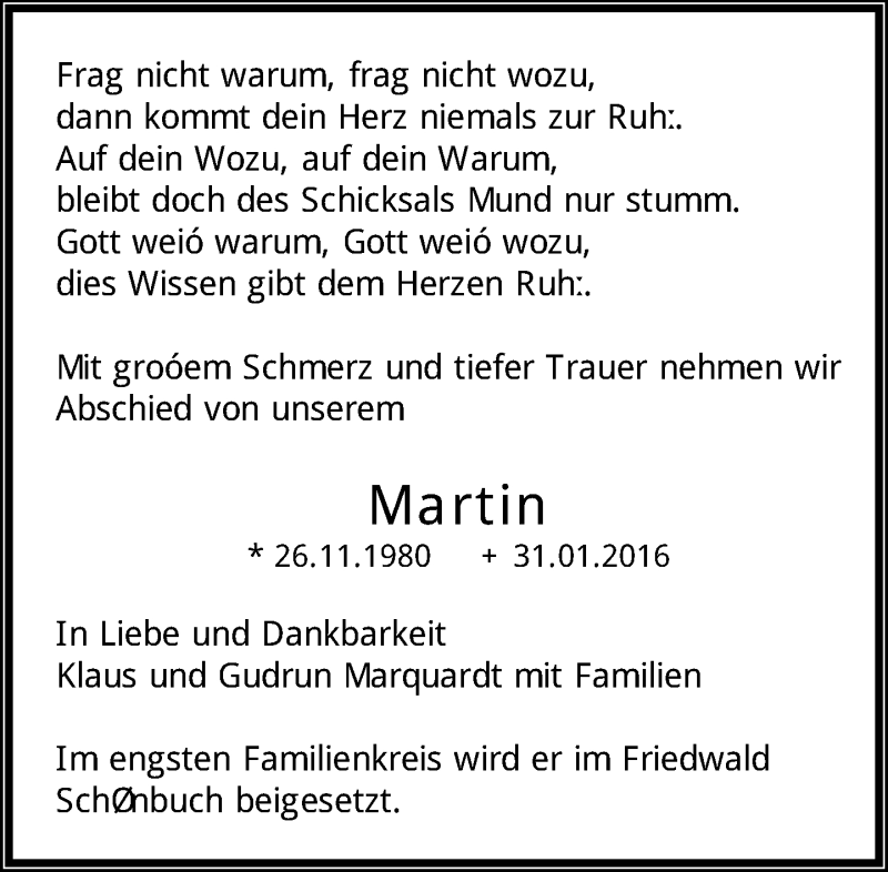  Traueranzeige für Martin  vom 12.02.2016 aus Kreiszeitung Böblinger Bote