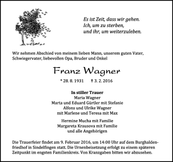 Traueranzeige von Franz Wagner von Kreiszeitung Böblinger Bote