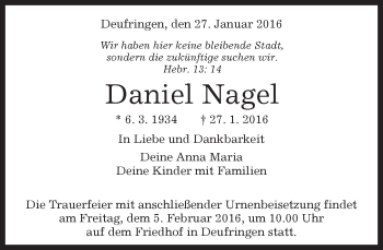 Traueranzeige von Daniel Nagel von Kreiszeitung Böblinger Bote