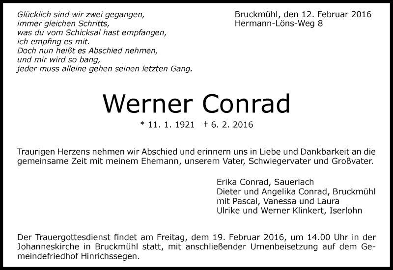  Traueranzeige für Werner Conrad vom 15.02.2016 aus Kreiszeitung Böblinger Bote
