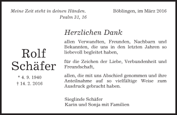 Traueranzeige von Rolf Schäfer von Kreiszeitung Böblinger Bote