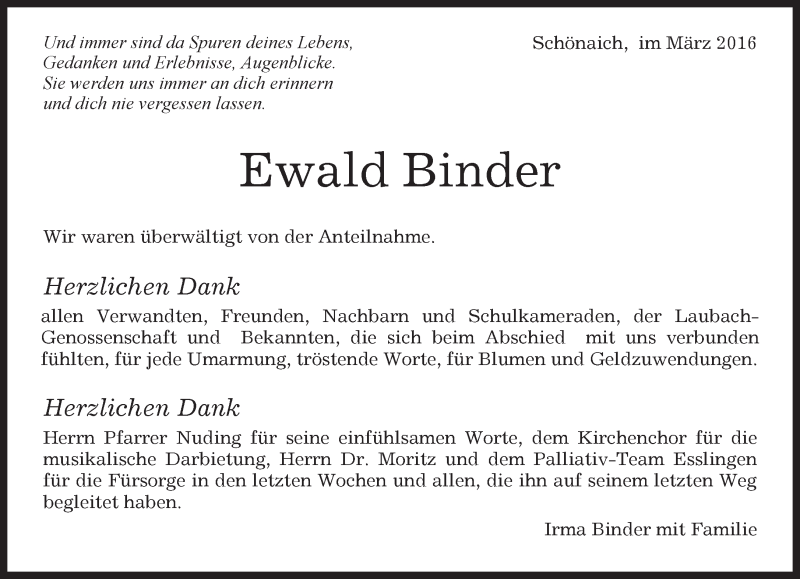  Traueranzeige für Ewald Binder vom 09.03.2016 aus Kreiszeitung Böblinger Bote