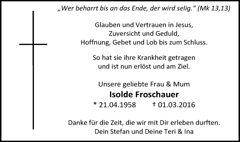  Traueranzeige für Isolde Froschauer vom 10.03.2016 aus Kreiszeitung Böblinger Bote