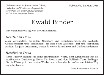 Traueranzeige von Ewald Binder von Kreiszeitung Böblinger Bote