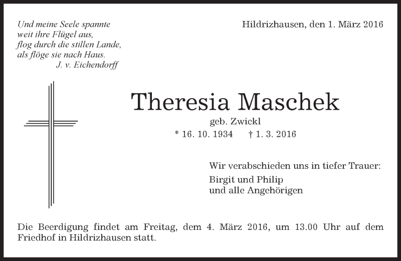  Traueranzeige für Theresia Maschek vom 03.03.2016 aus Kreiszeitung Böblinger Bote