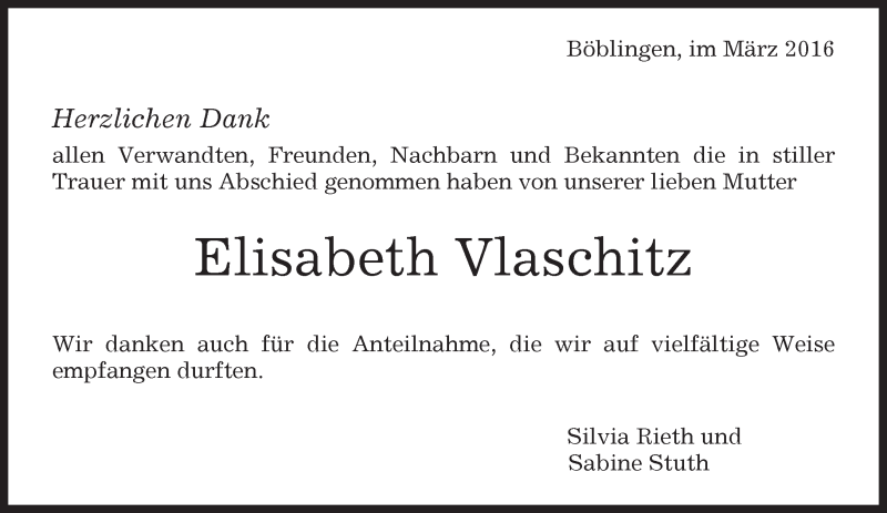  Traueranzeige für Elisabeth Vlaschitz vom 01.03.2016 aus Kreiszeitung Böblinger Bote
