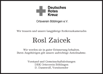 Traueranzeige von Rosl Zaicek von Kreiszeitung Böblinger Bote