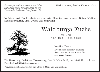 Traueranzeige von Waldburga Fuchs von Kreiszeitung Böblinger Bote