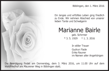 Traueranzeige von Marianne Bairle von Kreiszeitung Böblinger Bote