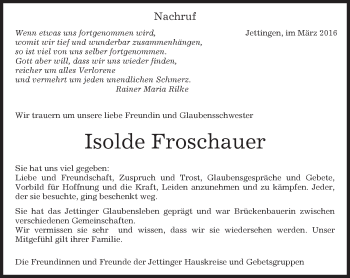 Traueranzeige von Isolde Froschauer von Kreiszeitung Böblinger Bote