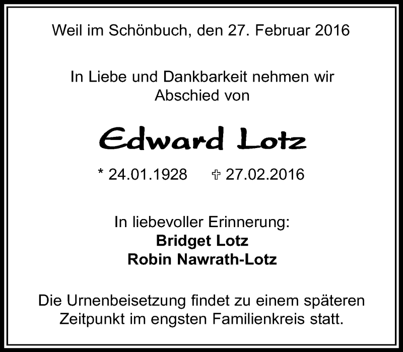  Traueranzeige für Edward Lotz vom 03.03.2016 aus Kreiszeitung Böblinger Bote