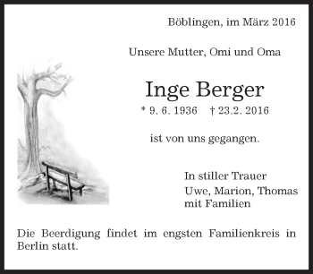 Traueranzeige von Inge Berger von Kreiszeitung Böblinger Bote
