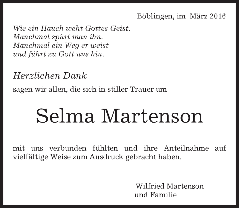  Traueranzeige für Selma Martenson vom 19.03.2016 aus Kreiszeitung Böblinger Bote
