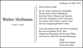 Traueranzeige von Walter Hofmann von Kreiszeitung Böblinger Bote