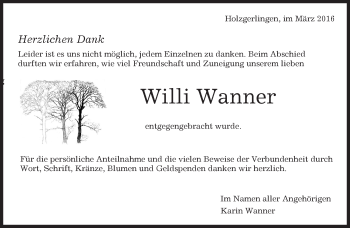 Traueranzeige von Willi Wanner von Kreiszeitung Böblinger Bote