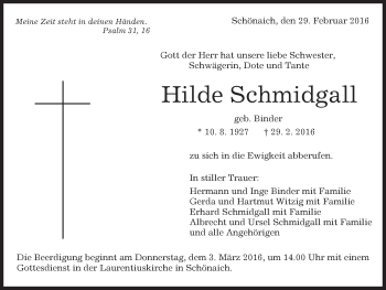 Traueranzeige von Hilde Schmidgall von Kreiszeitung Böblinger Bote