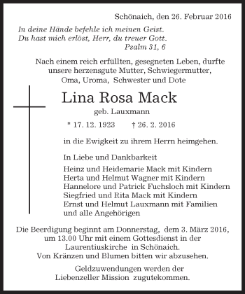 Traueranzeige von Lina Rosa Mack von Kreiszeitung Böblinger Bote