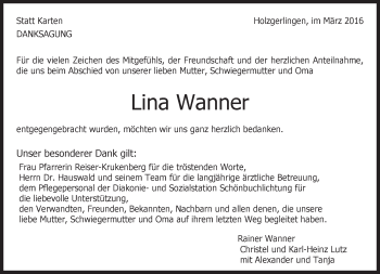Traueranzeige von Lina Wanner von Kreiszeitung Böblinger Bote