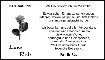 Traueranzeige von Lore Rüb von Kreiszeitung Böblinger Bote