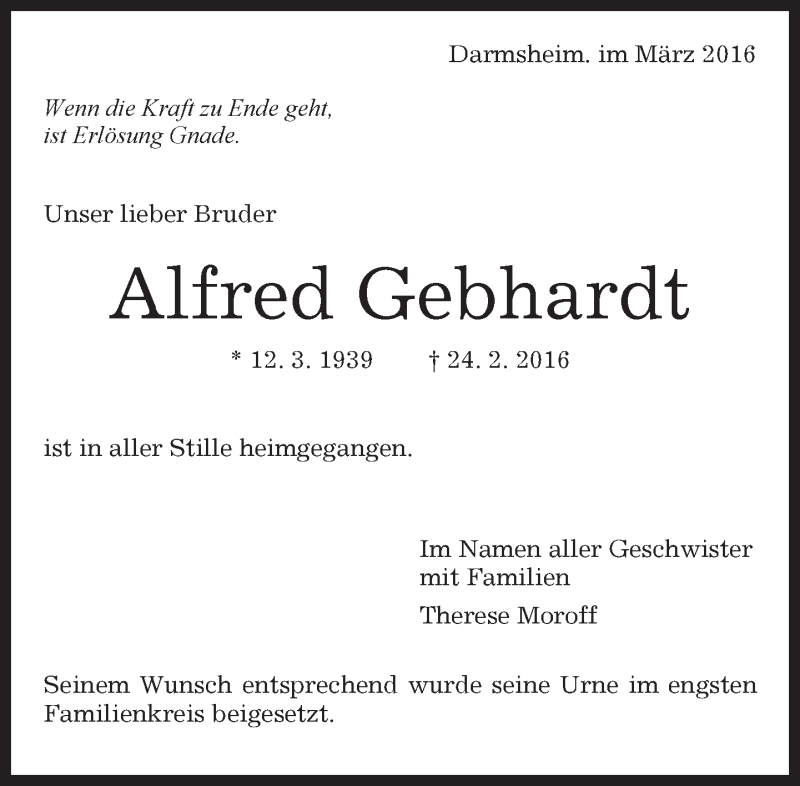  Traueranzeige für Alfred Gebhardt vom 05.03.2016 aus Kreiszeitung Böblinger Bote
