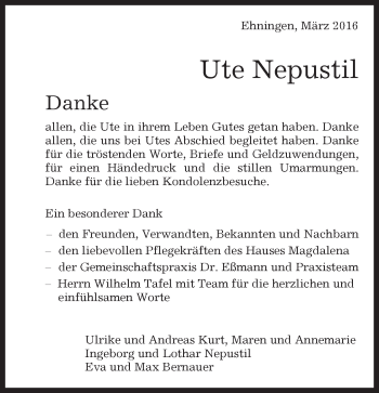 Traueranzeige von Ute Nepustil von Kreiszeitung Böblinger Bote