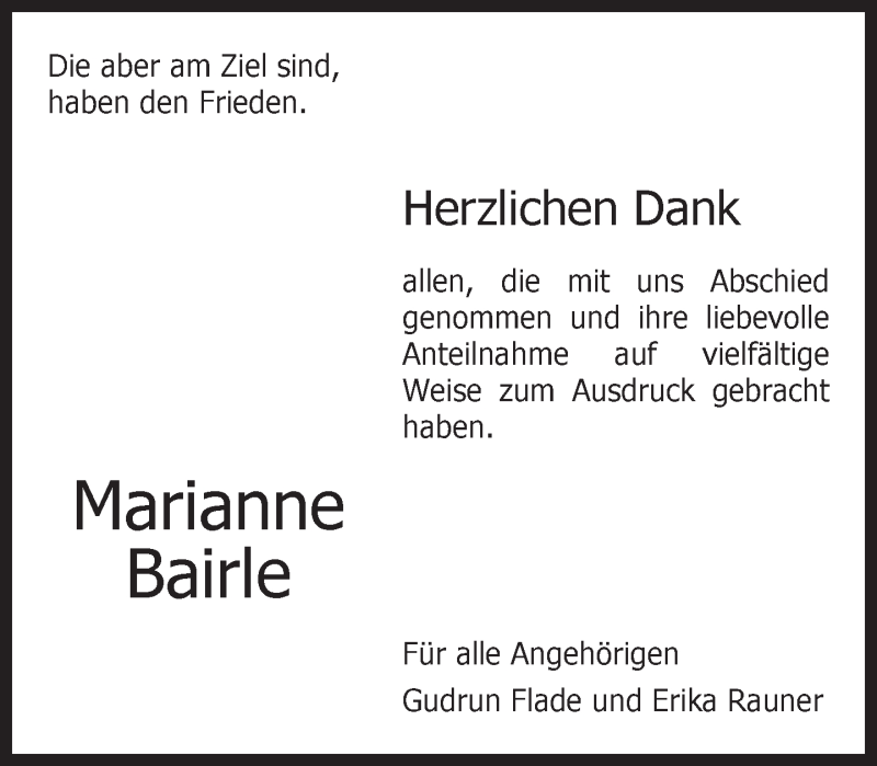  Traueranzeige für Marianne Bairle vom 16.03.2016 aus Kreiszeitung Böblinger Bote