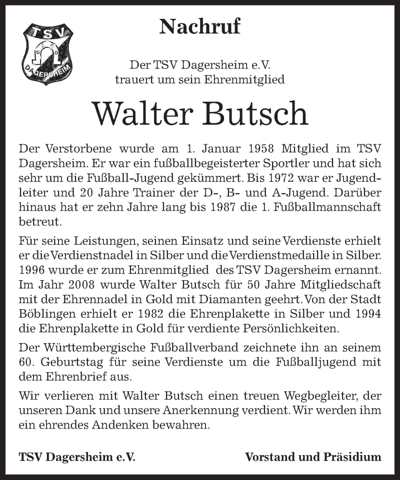  Traueranzeige für Walter Butsch vom 01.03.2016 aus Kreiszeitung Böblinger Bote