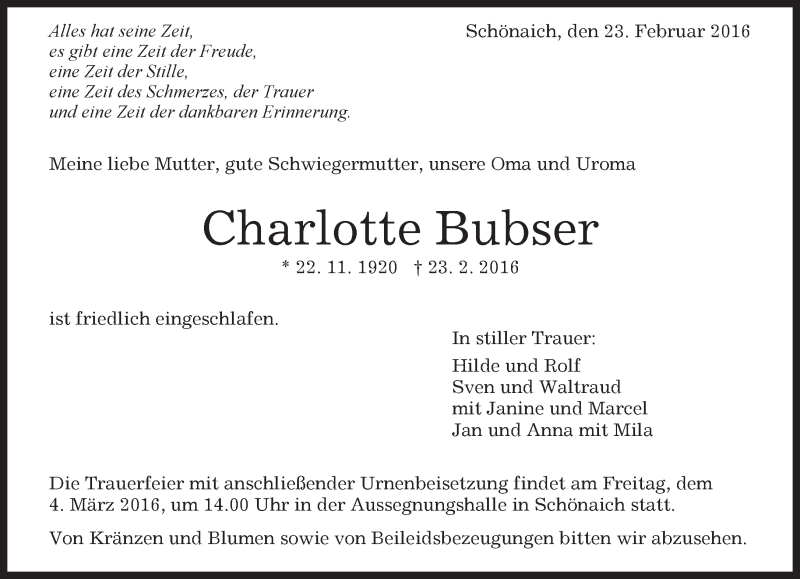 Traueranzeige für Charlotte Bubser vom 03.03.2016 aus Kreiszeitung Böblinger Bote