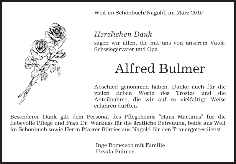  Traueranzeige für Alfred Bulmer vom 17.03.2016 aus Kreiszeitung Böblinger Bote