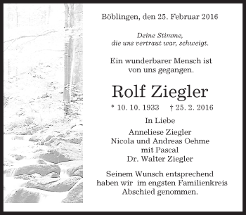 Traueranzeige von Rolf Ziegler von Kreiszeitung Böblinger Bote