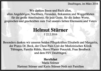 Traueranzeige von Helmut Stürner von Kreiszeitung Böblinger Bote