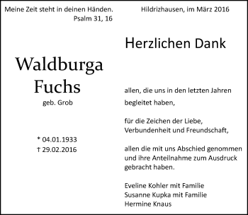 Traueranzeige von Waldburga Fuchs von Kreiszeitung Böblinger Bote