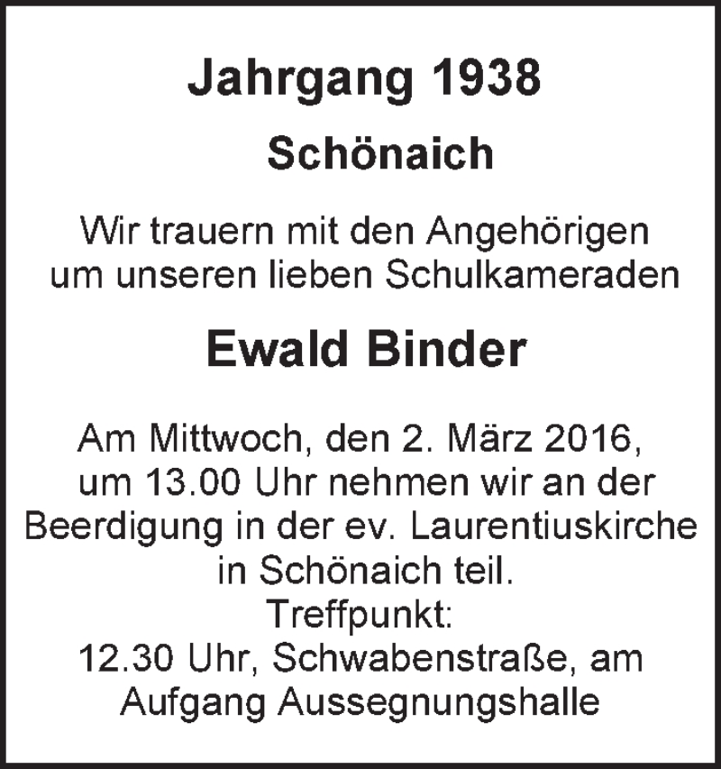  Traueranzeige für Ewald Binder vom 01.03.2016 aus Kreiszeitung Böblinger Bote
